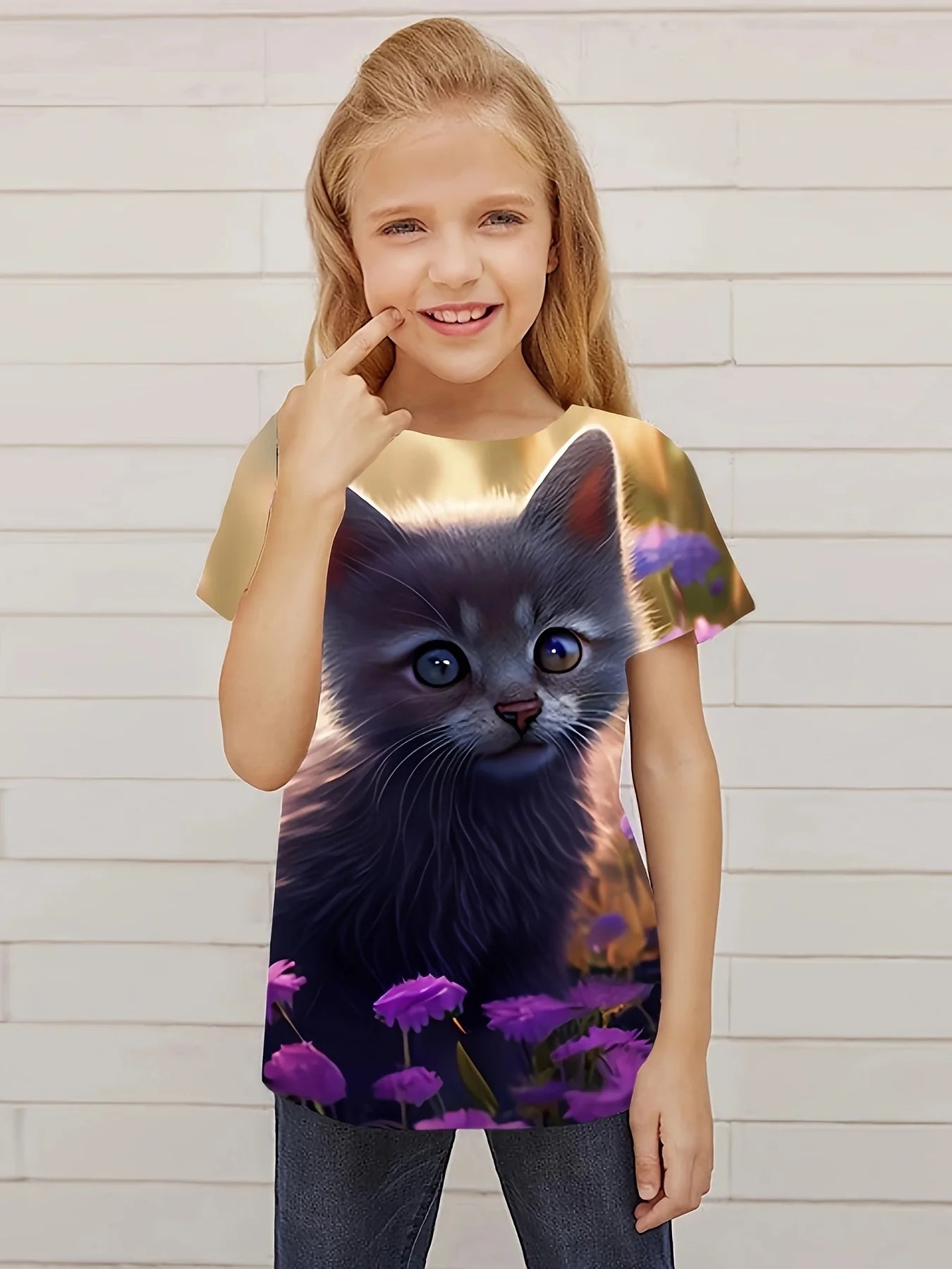 T-Shirt for Girls Cute Kitten Girls Clothes Kids T-Shirt Summer Short Sleeve Children Outdoor Sports Tops T-Shirt for Girls