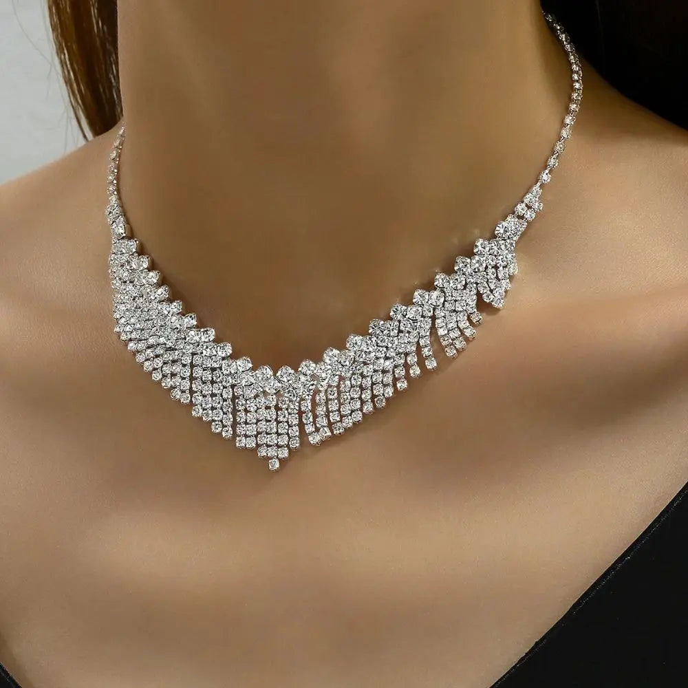 Wedding Party Crystal Rhinestone Jewelry Set Shining Diamond Earrings Tassels Exquisite Necklace Women