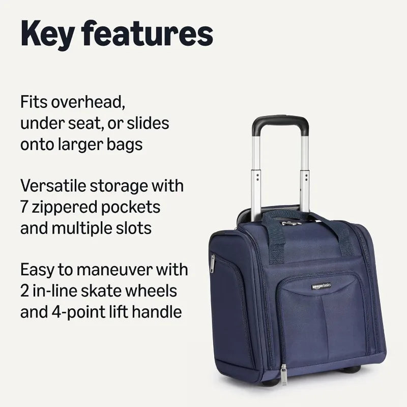 Underseat Carry-On Luggage With Wheels, 14-inch Rolling Travel Bag, Navy Blue