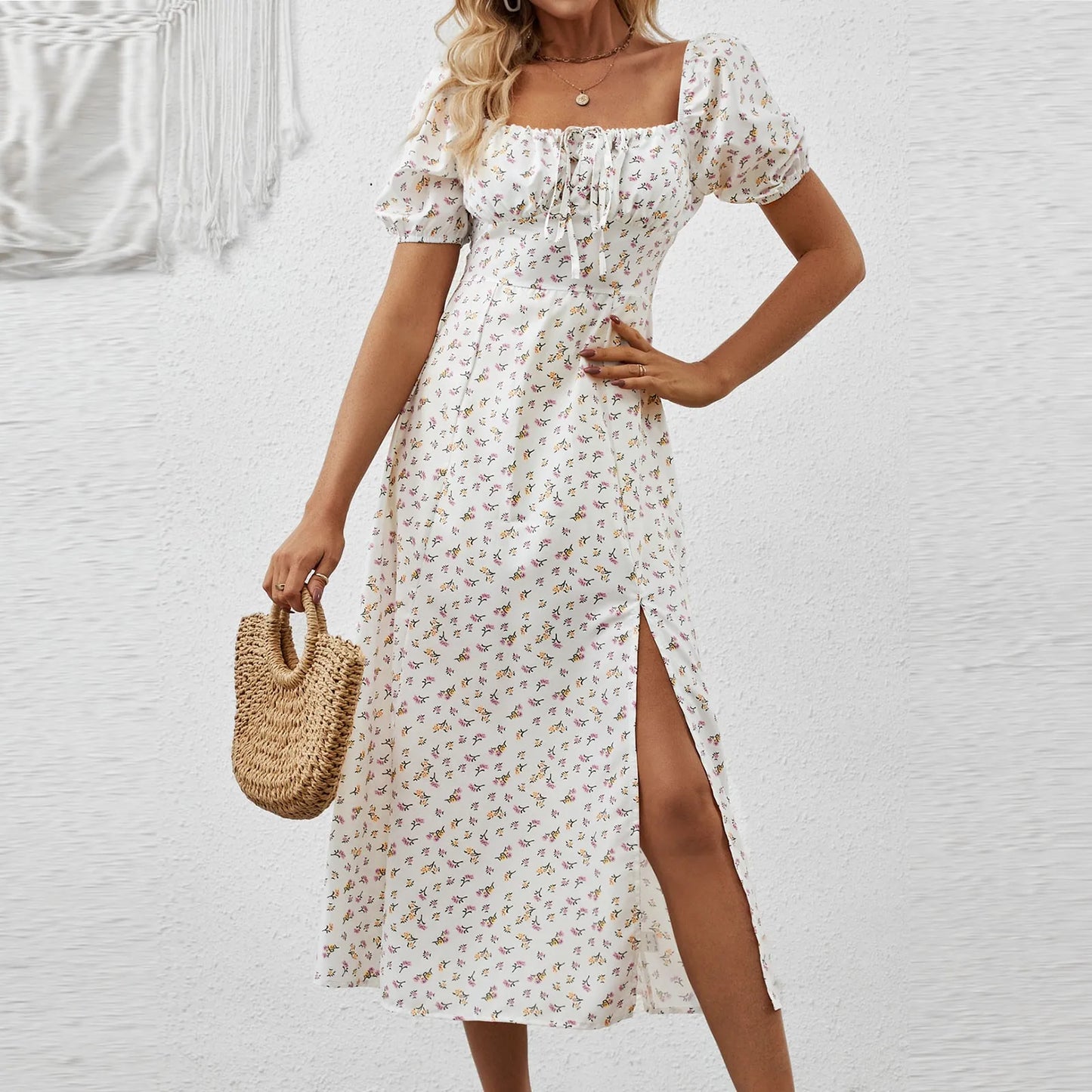 Women'S Summer New Dress Fashionable Solid Color High Waist Dress Floral Printed Short Bubble Sleeve Square Neck Dresses