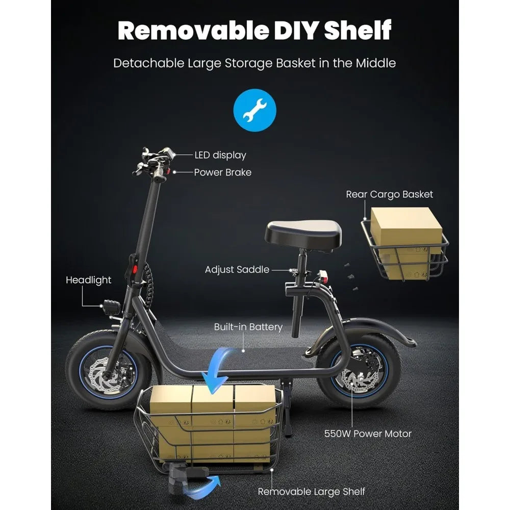 Electric Scooter with Seat for Adults, 550W Powerful Motor, 20-Mile Range, Speed up to 18.6MPH, Ample Storage for Pets & Cargo