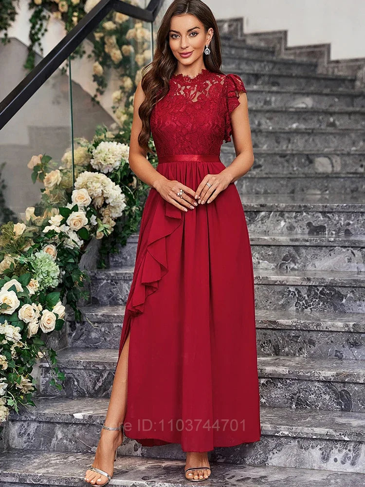 Women Evening Dresses 2024 Elegant Long Maxi Dress High Waist Round Neck Party Wedding Fashion Dress Spliced Lace Chiffon Dress