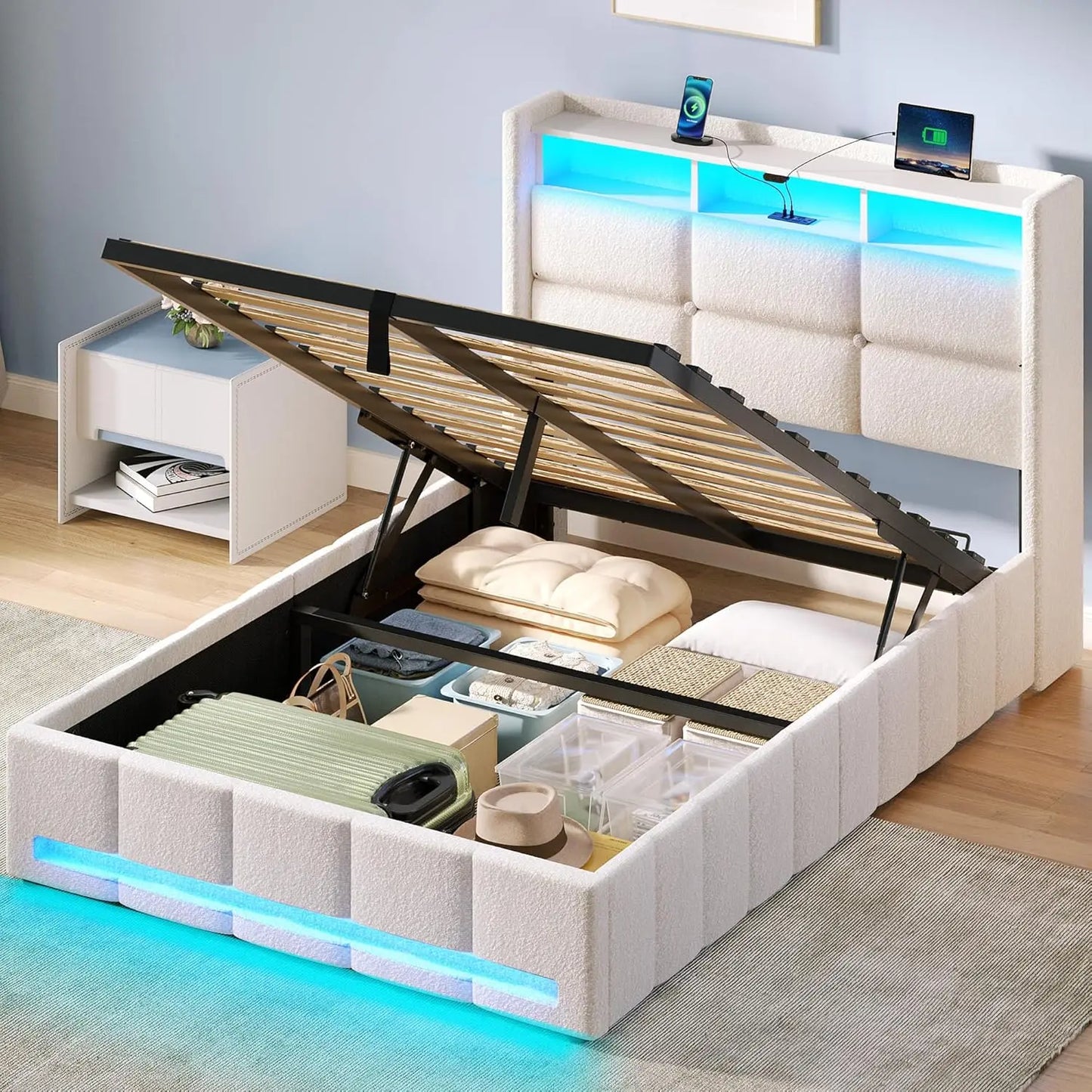 bed. Bed Frame Twin Size with Lift Up Storage, Charging Station & LED Lights, Upholstered Storage Headboard, Heavy Duty Wooden