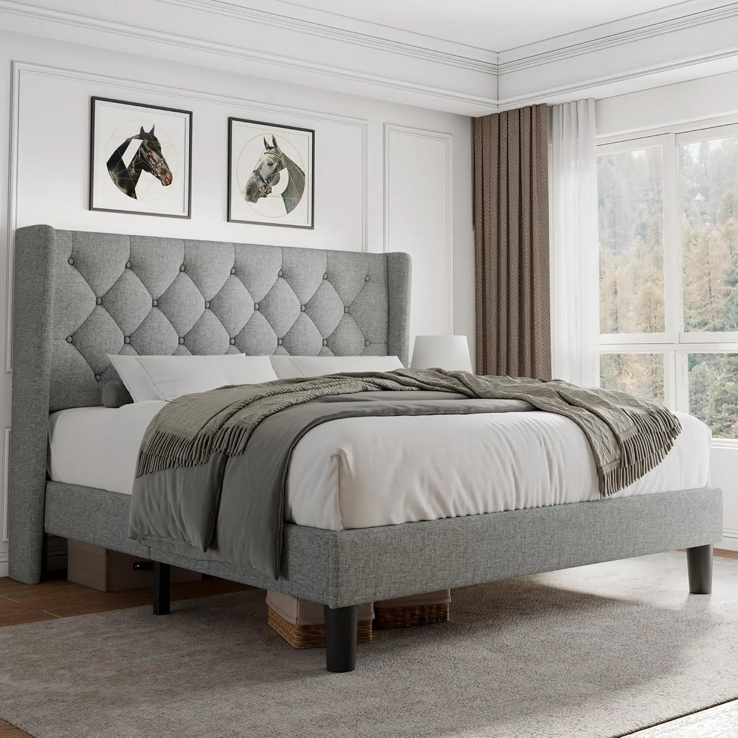 Bed Frame with Button Tufted Headboard, Upholstered Bed Frame with Solid Wooden Slats, 8" Underbed Space