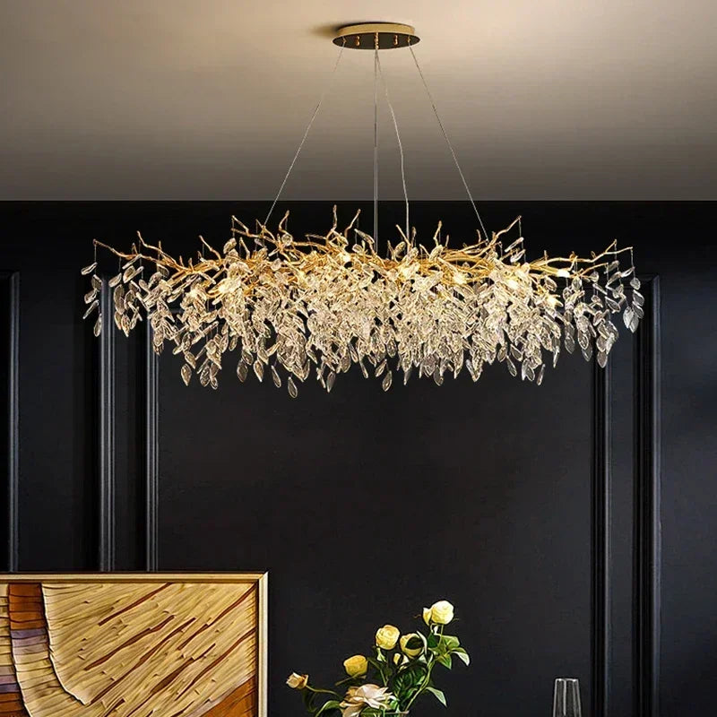 French luxury golden modern branch-shaped ceiling chandelier simple villa duplex American living room crystal LED chandelier
