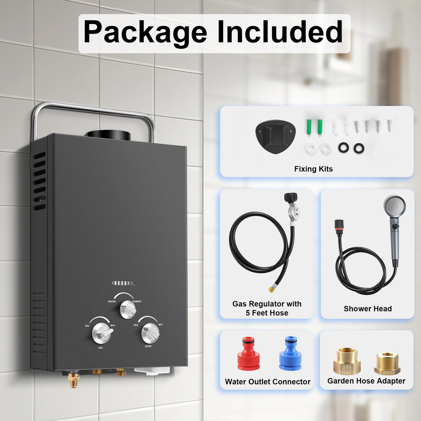 6L 1.58 GPM Outdoor Propane Gas Tankless Water Heater Portable , Bathroom heating instant,Water Heater Boiler Car Camping