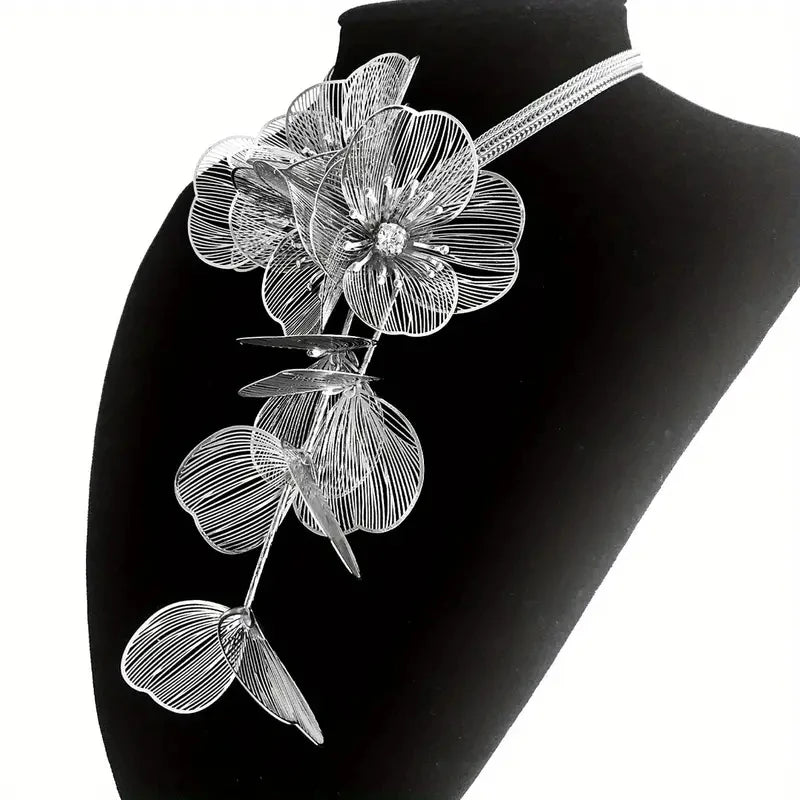 Handcrafted Floral Jewelry Set with Sparkling Rhinestones - Elegant Necklace and Earrings, Ideal for Parties and Night Clubs