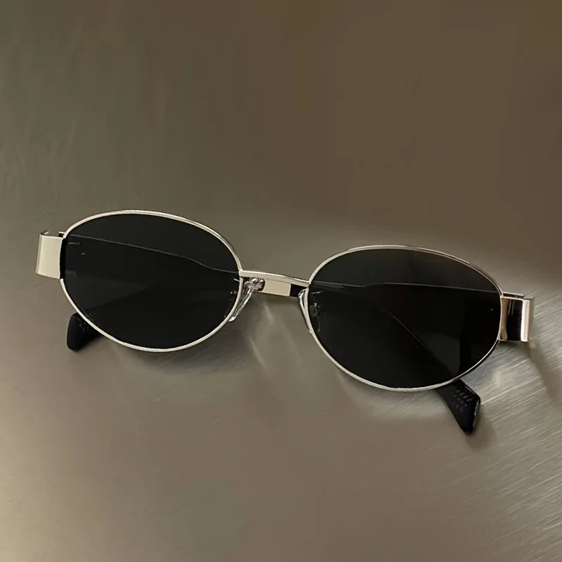 Fashion Sunglasses for Women High Quality Retro Oval Metal Polished Sun Glasses Designer Men Black Lens Classic Shades