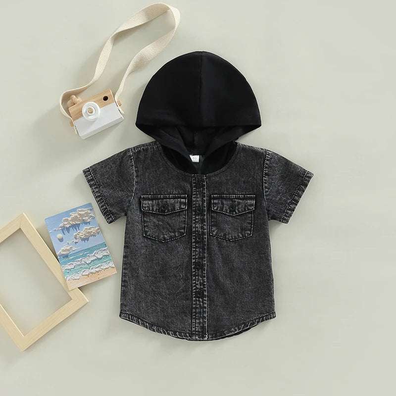Boys Short Sleeve Hooded Shirt with Button Closure and Pockets Summer Top for Casual Daily Wear Kids Fashion Trend