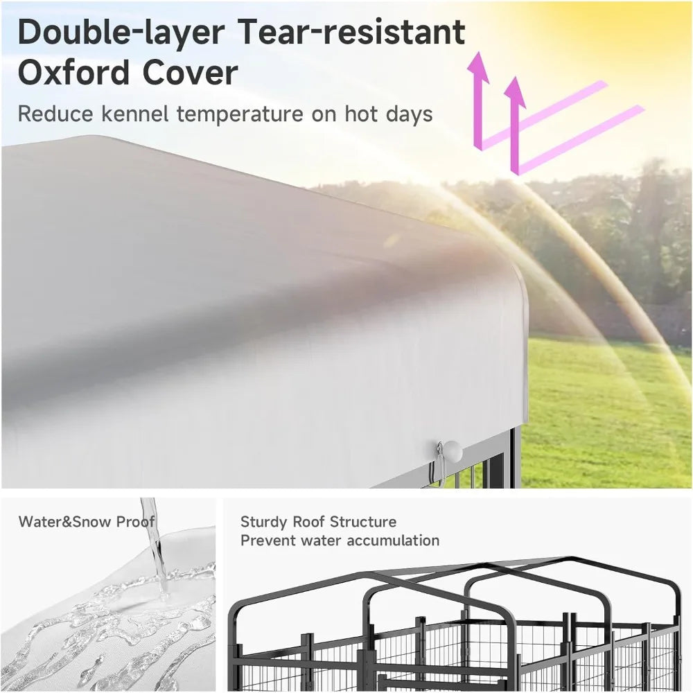 Dog Kennel Pen Outside Outdoor Dog Run with Roof, Swivel Feeders/Removable Doggy Door Allow Connecting Your Dog House- Kennel He