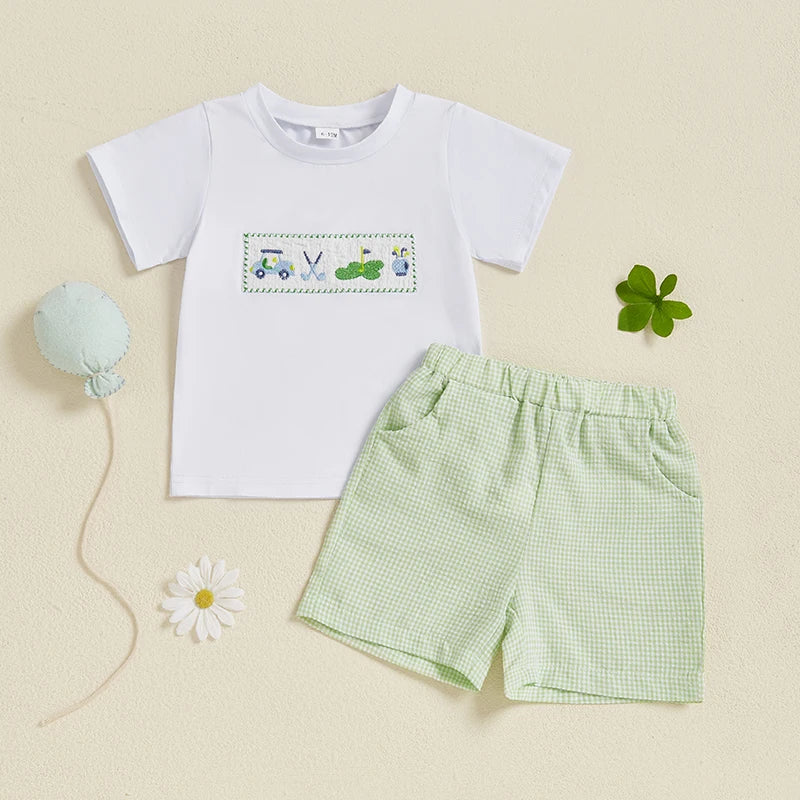 Adorable Infant Boy Golf Attire with Embroidered Tee and Elastic Waist Shorts Perfect for Summer Outings - 2 Piece Set in