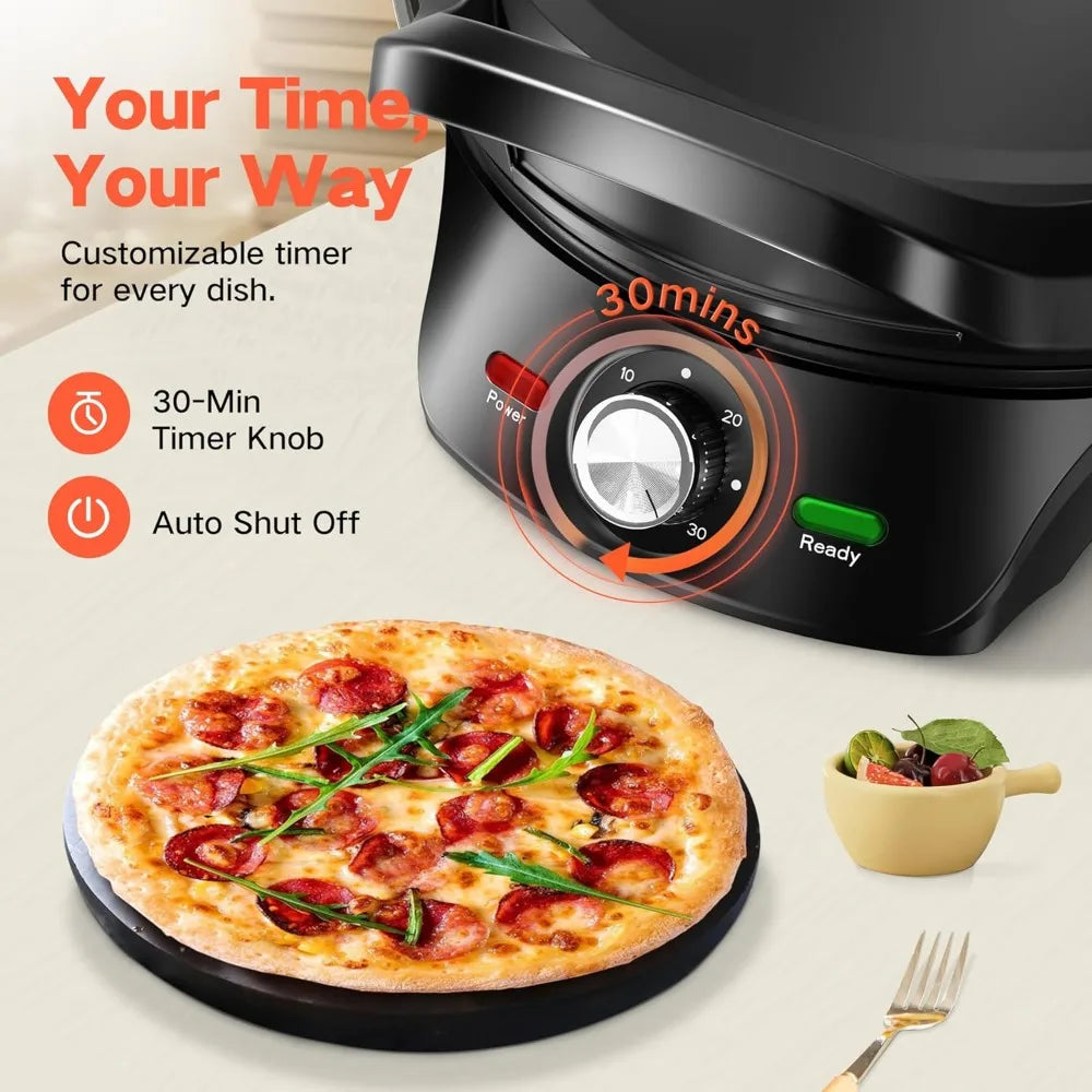 12-Inch Pizza Maker & Electric Griddle Nonstick -Countertop Pizza Oven with 30-Min Timer & Auto Shut-Off, 180° Open Indoor