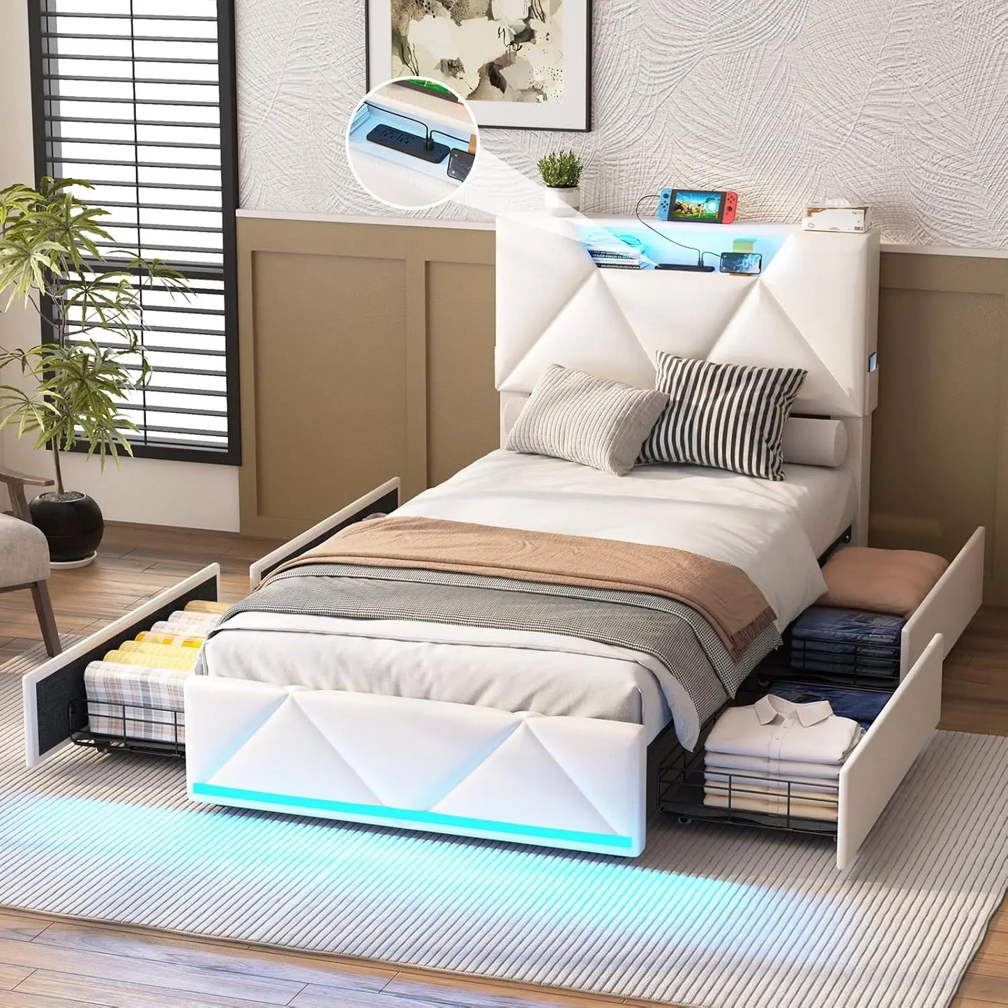 Full Bed Frame with Storage Headboard and 4 Drawers,Upholstered Platform Charging Station and Led Lights,Adjustable Headboard