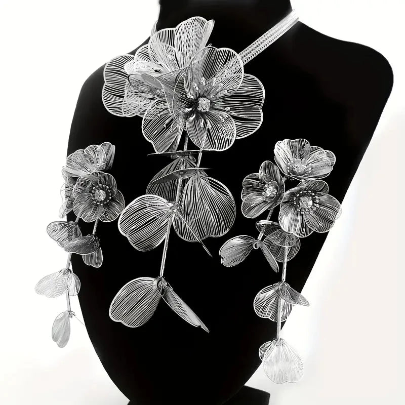 Handcrafted Floral Jewelry Set with Sparkling Rhinestones - Elegant Necklace and Earrings, Ideal for Parties and Night Clubs