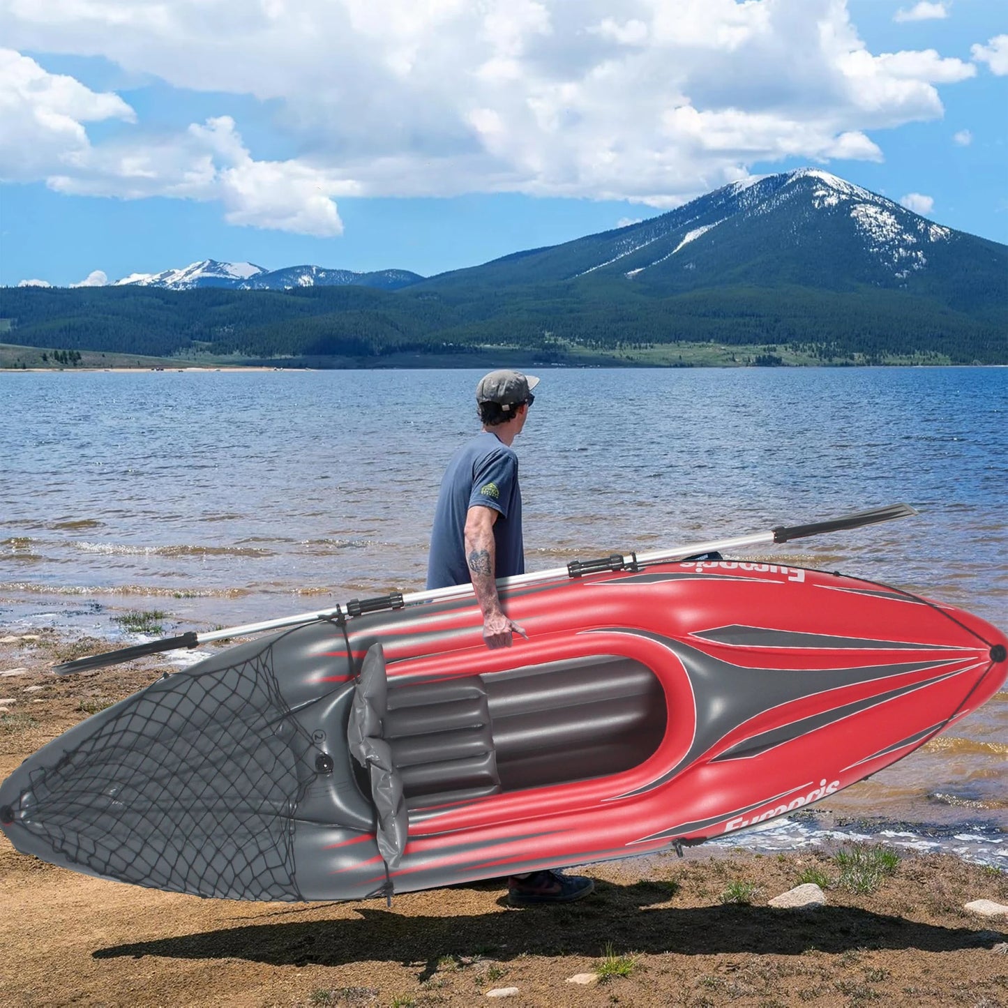 Inflatable Red Kayak Fishing Boat 1 Person Adult Canoe, with Paddles, Bag, Seats, High-Output Pump, Fin, for Lakes & Rivers