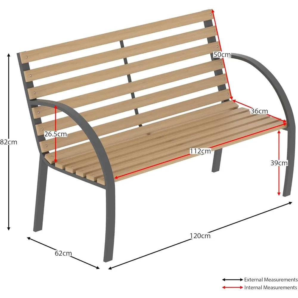 Slatted Garden Bench Wooden Seater Outdoor Furniture Seating Wood Slats Steel Legs Park Patio Seat