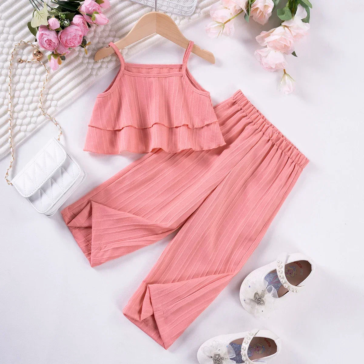 2pcs Toddler Girl Summer New Solid Colour Suit Casual Sleeveless Ruffle Top + Wide Leg Trousers Suit Children's Trend Clothing