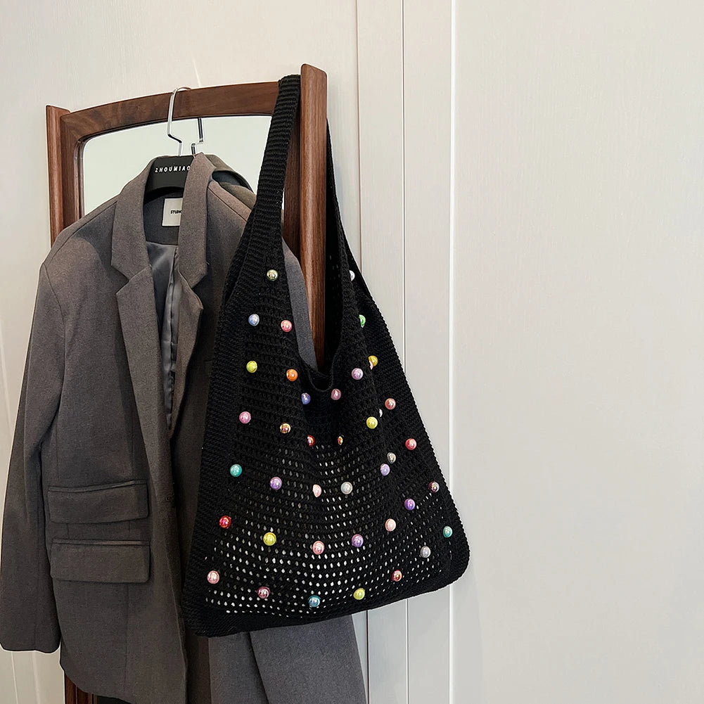 Women Crochet Shoulder Bag Knitted Tote Bag Large Capacity Fashion Tote Handbags with Colorful Pearls Outdoor Travel Bag