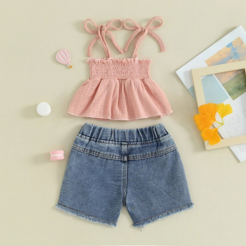 Pudcoco Kids Baby Girls Shorts Set, Tie-up Pleated Camisole with Ripped Denim Shorts Summer 2-piece Outfit 1-5T