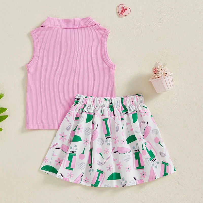 Kids Girl Outfit Lapel Sleeveless Tank Tops and Golf Print Pleated A-Line Skirt Set for Toddler Summer Clothes