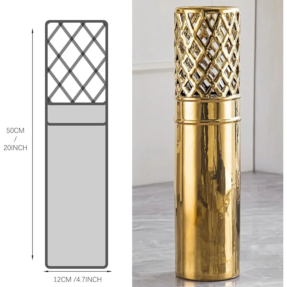 Modern Gold Ceramic Floor Vase 19.6 Inch Openwork Design Tall Decorative Vase Living Room Home Decor Gift