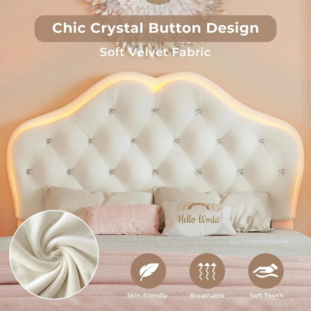 Twin Size Upholstered Bed Frame with LED Lights Adjustable Headboard with Crystal Button