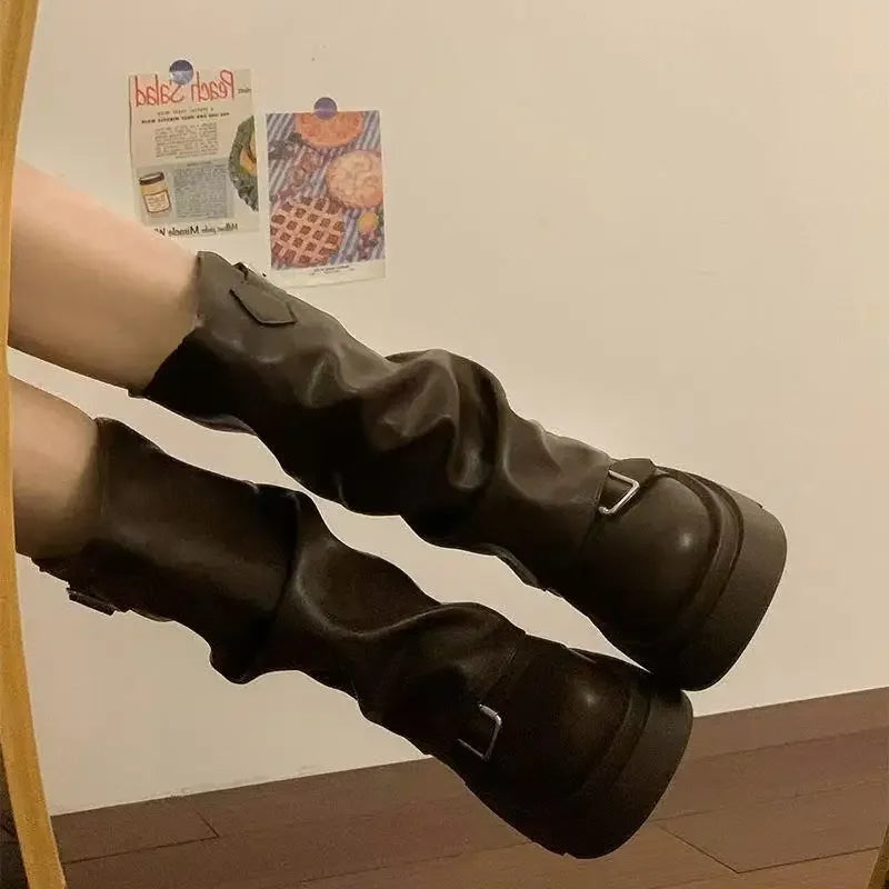 Shoes for Women Mid-Calf Women's Boots Platform Modern Boots Women Belt Buckle Square Toe Side Zip Square Heel Shoes Female