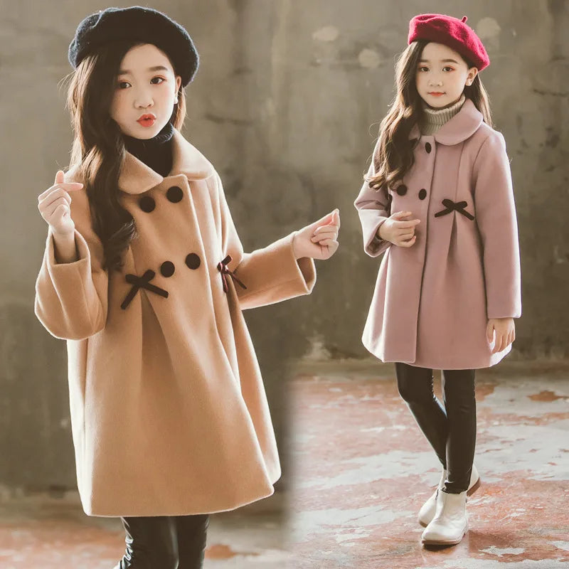 3-12 Years Old Baby Girl Winter Clothes Wool Warm Solid Color Coat New Korean Fashion Long Children's Jacket Girl Coat Clothing