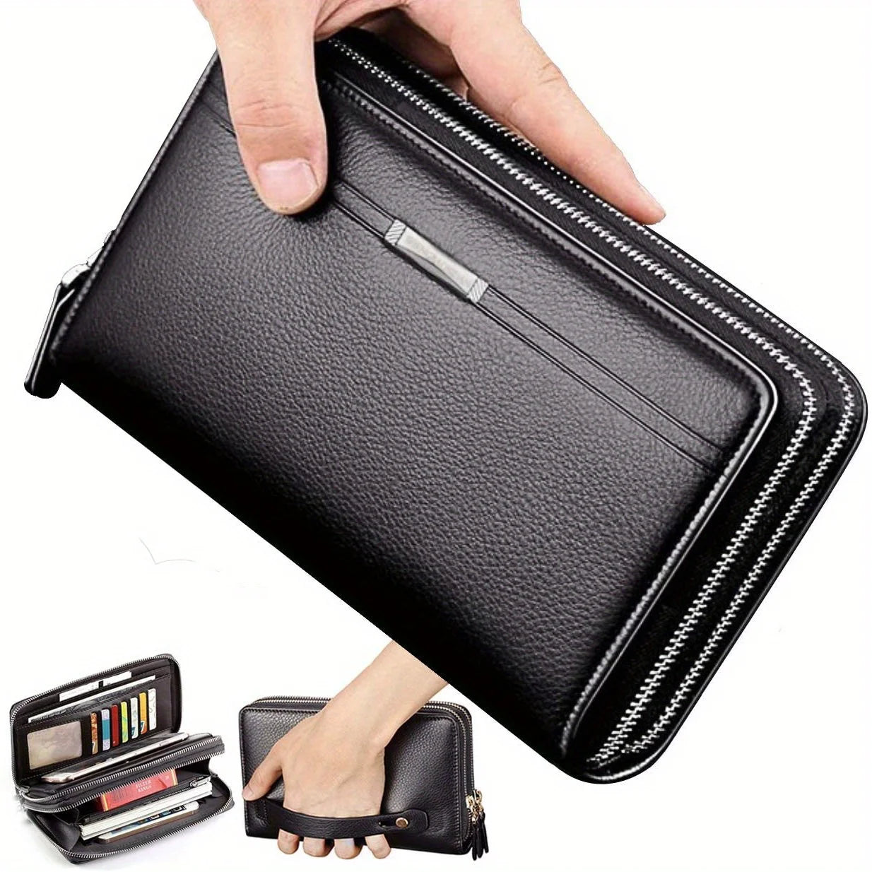 Men's Long PU Leather Clutch Wallet Large Capacity Business Double Zipper Card Holder Cellphone Handbag For Organized