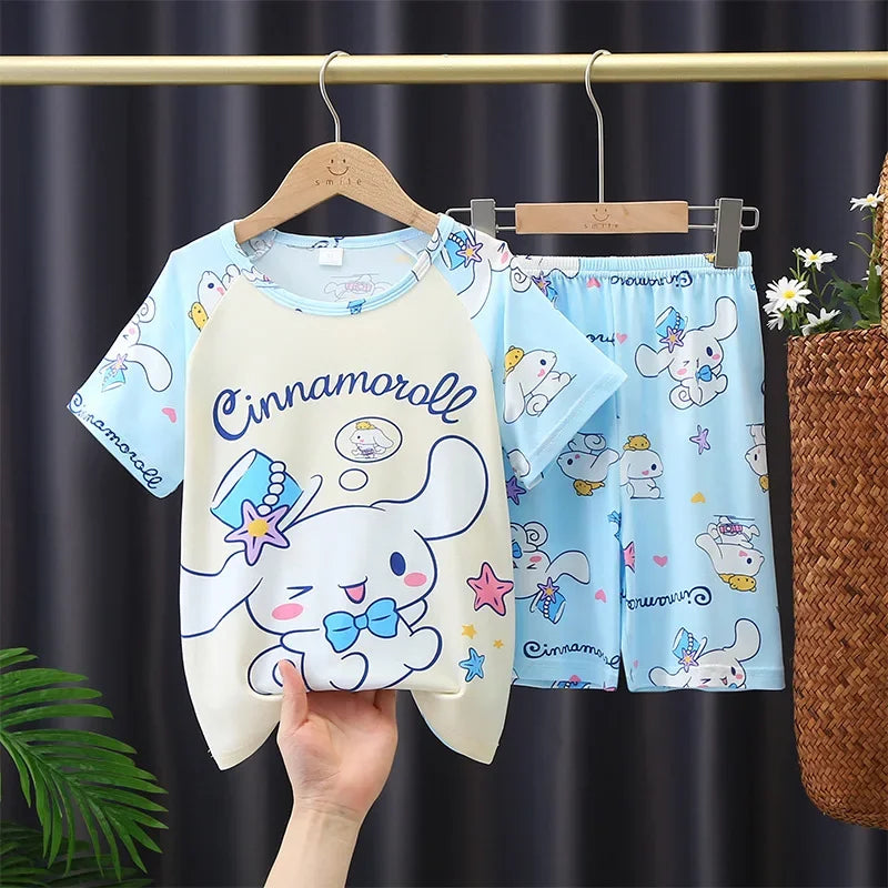 Cartoon Melody Summer Pajamas for Girls and Boys Short Sleeved Comfortable Sleepwear and Home Clothing Set for Kids Teenagers