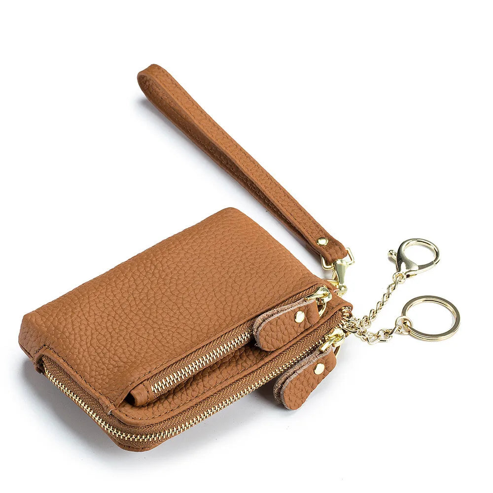 Mini Genuine Leather Women's Lychee Pattern Wallet Zipper Around Card Coin Purse with Detachable Wrist Strap Handbag