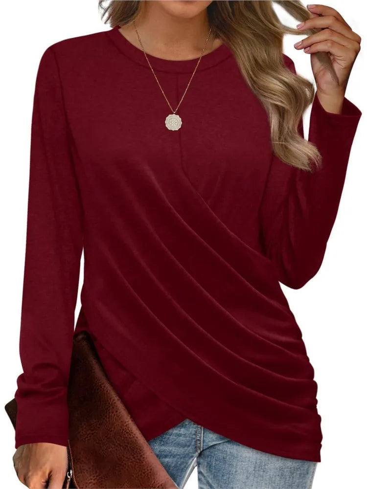 Women's Clothing 2024 Autumn Winter New Solid Color T-shirt Casual Round Neck Cross Pleated Loose Long Sleeved Top