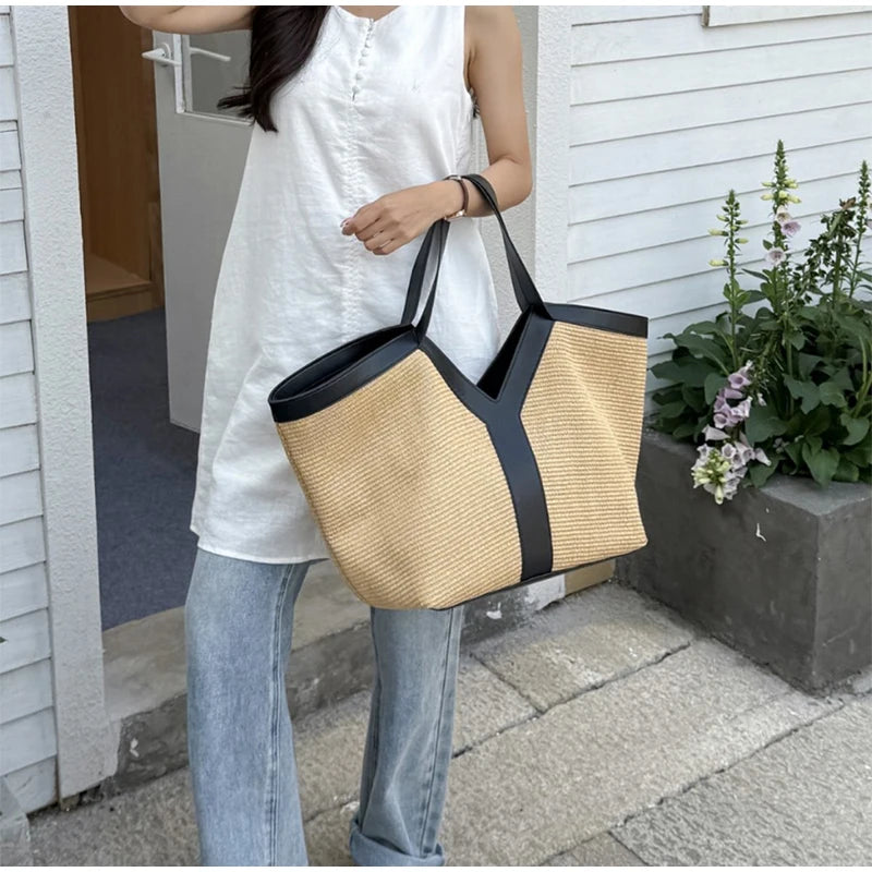 Brand Luxury Designer New Y-shaped Straw Tote Bag Large Capacity Shopping Bag Beach Bag Shoulder Underarm Bag Woven Women's Bag