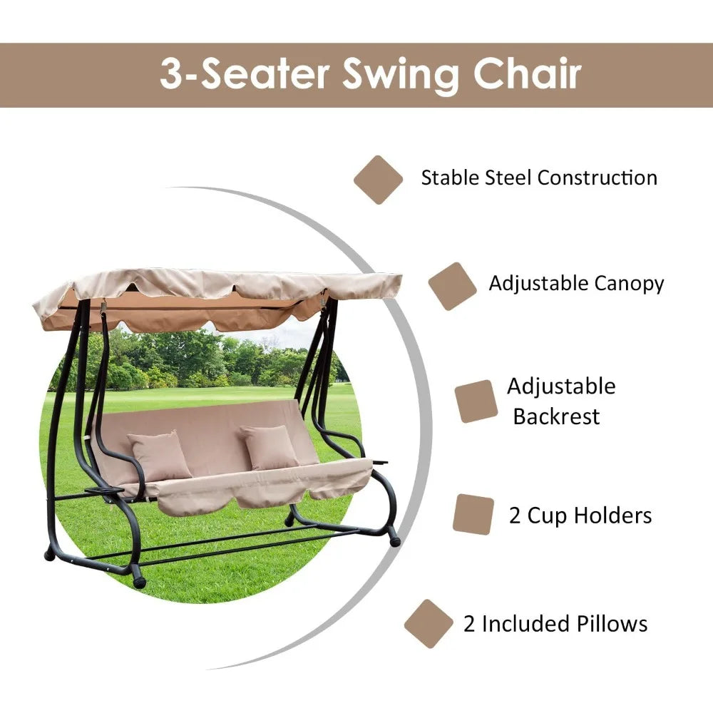 Garden Swing Chair, 2-in-1 3 Seater Convertible Swing Chair with Tilting Canopy, Cushioned Seat and 2 Pillows, Patio Swing Bench