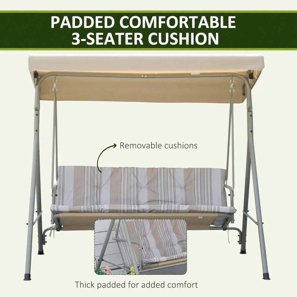 3 Seater Garden Swing Chair, with Tilting Canopy, Removable Cushion, Light Brown Top, Patio Swing Bench