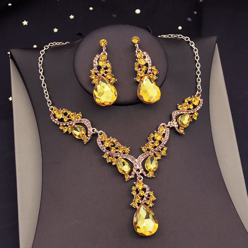 Gorgeous Crystal Jewelry Sets for Women Luxury Choker Necklace Earrings Set Wedding Dress Bridal Costume Necklace Accessories