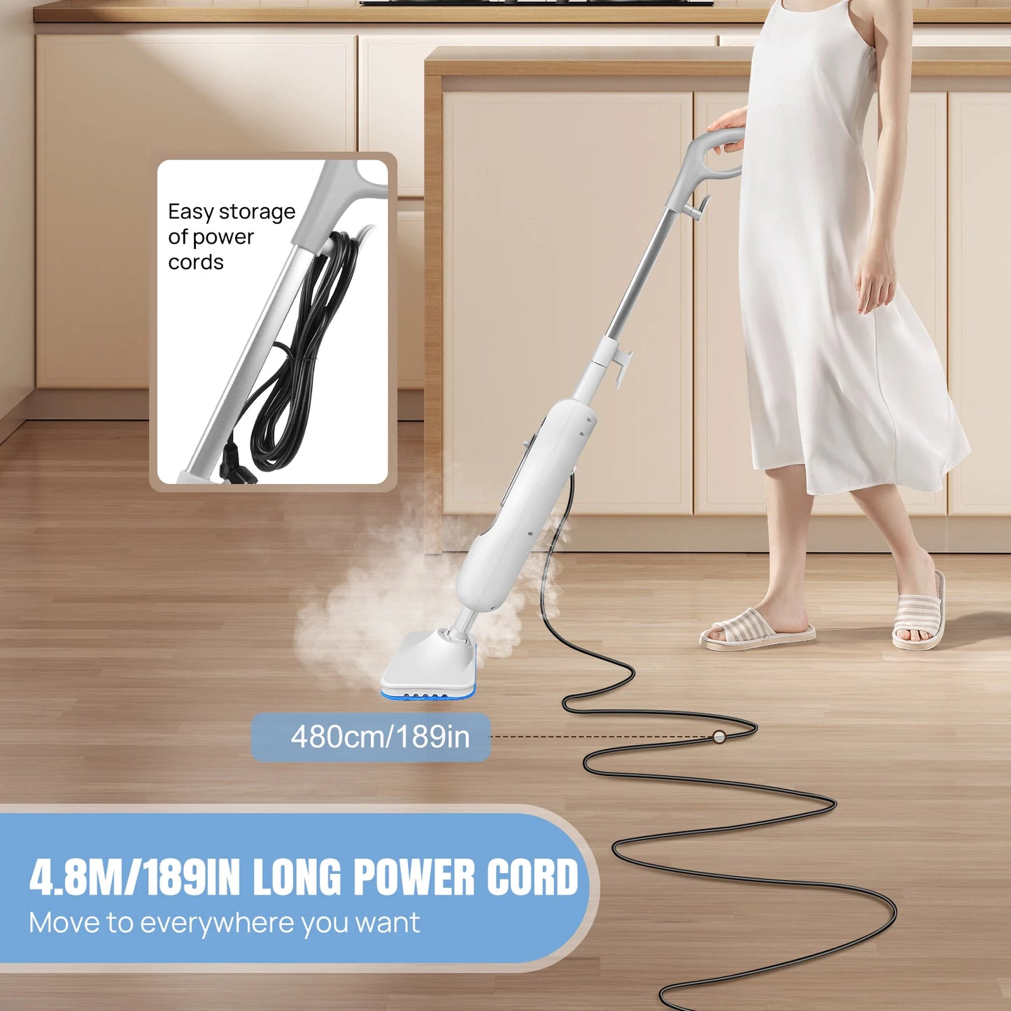 1500W Electrci Steam Cleaner with 400ML Water Tank, 2 Speed Adjusable, 20s Fast Heating Up, 2 Floor Cloth, 4.8m Cable