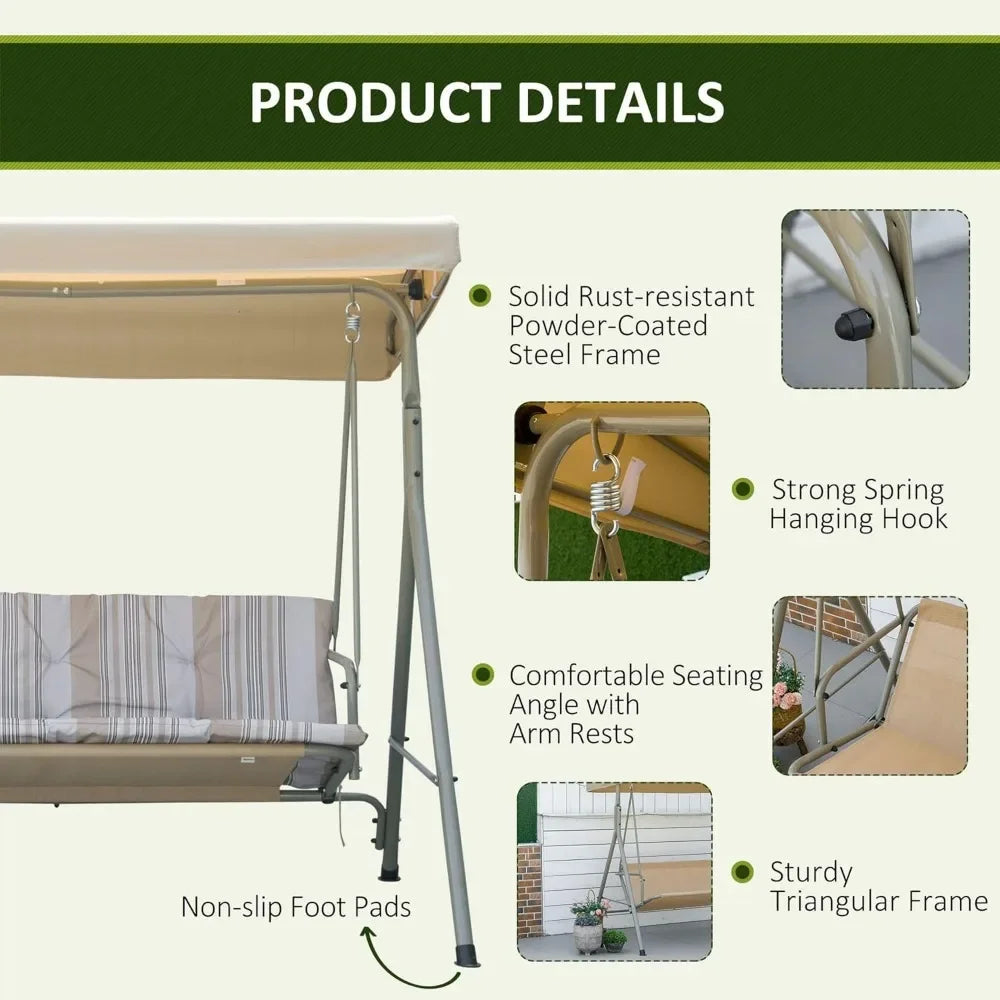 3 Seater Garden Swing Chair, with Tilting Canopy, Removable Cushion, Light Brown Top, Patio Swing Bench