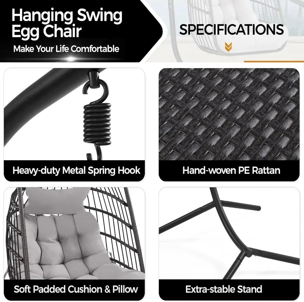 Garden Patio Swing Chair, Indoor/Outdoor Hanging Hammock with Cushion & Cover, Sturdy Steel Frame, Capacity 159 kg