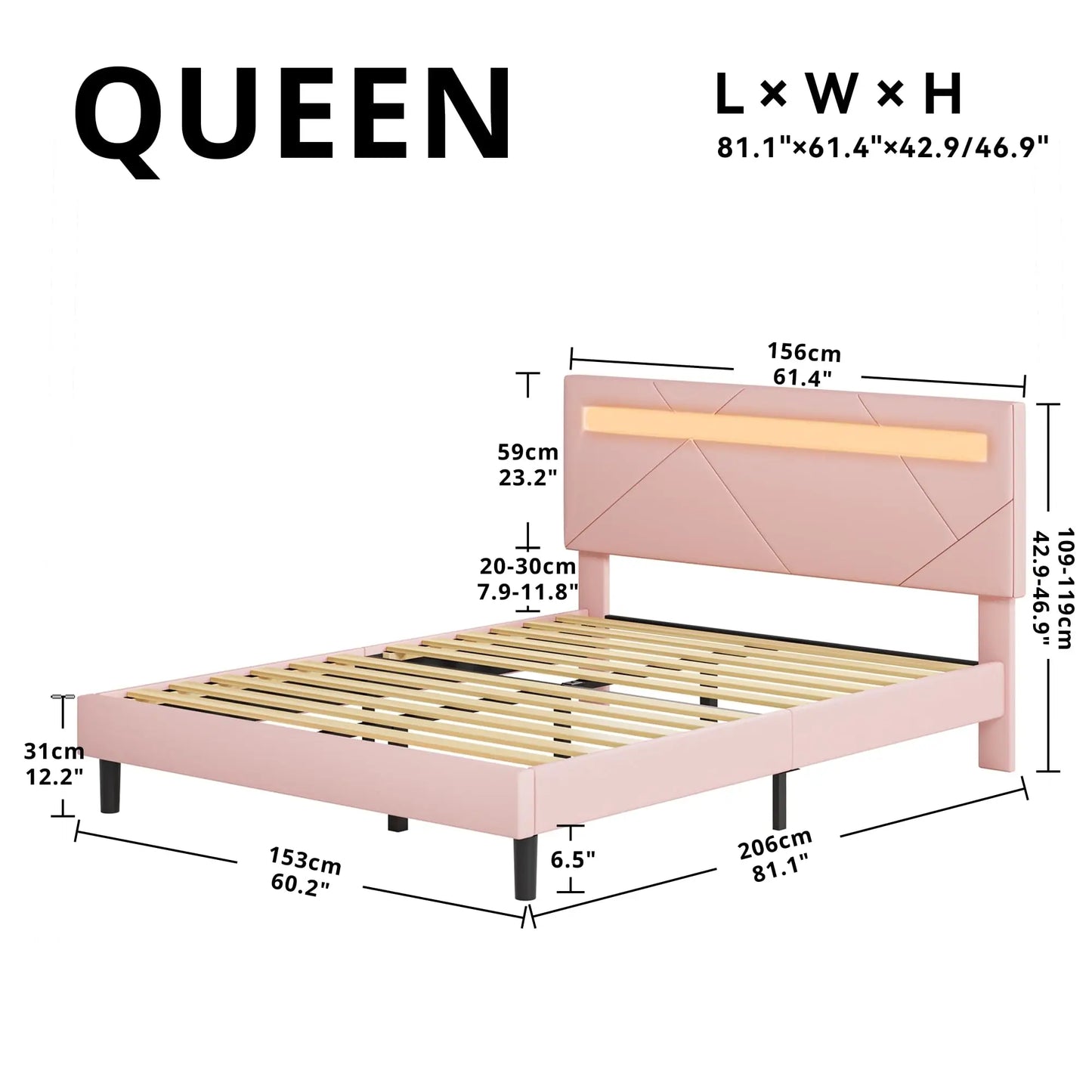 LIKIMIO Queen Bed Frame with LED Lights(Smart APP Control), Upholstered Modern Platform Bed Frame, No Box Spring Needed, Pink