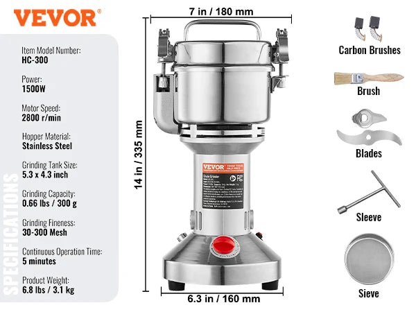 VEVOR 150-2500g Electric Grain Mill Grinder Commercial Swing Spice Grinders for Dry Herbs Grains Spices Cereals Coffee Corn