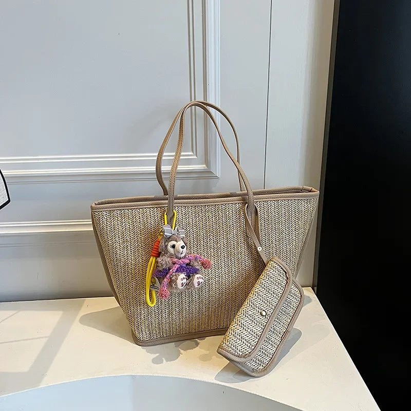 Color Contrast Straw Woven Shoulder Bag with Matching Wallet,Women Beach Travel Vacation Tote Bag,Large Capacity Shopping Basket