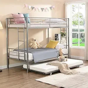 Twin Over Twin Bunk Bed Frame with Trundle,Metal Bunk Bed Bedframe with Guard Rail and 2 Ladders for Adults,Can be Divided into