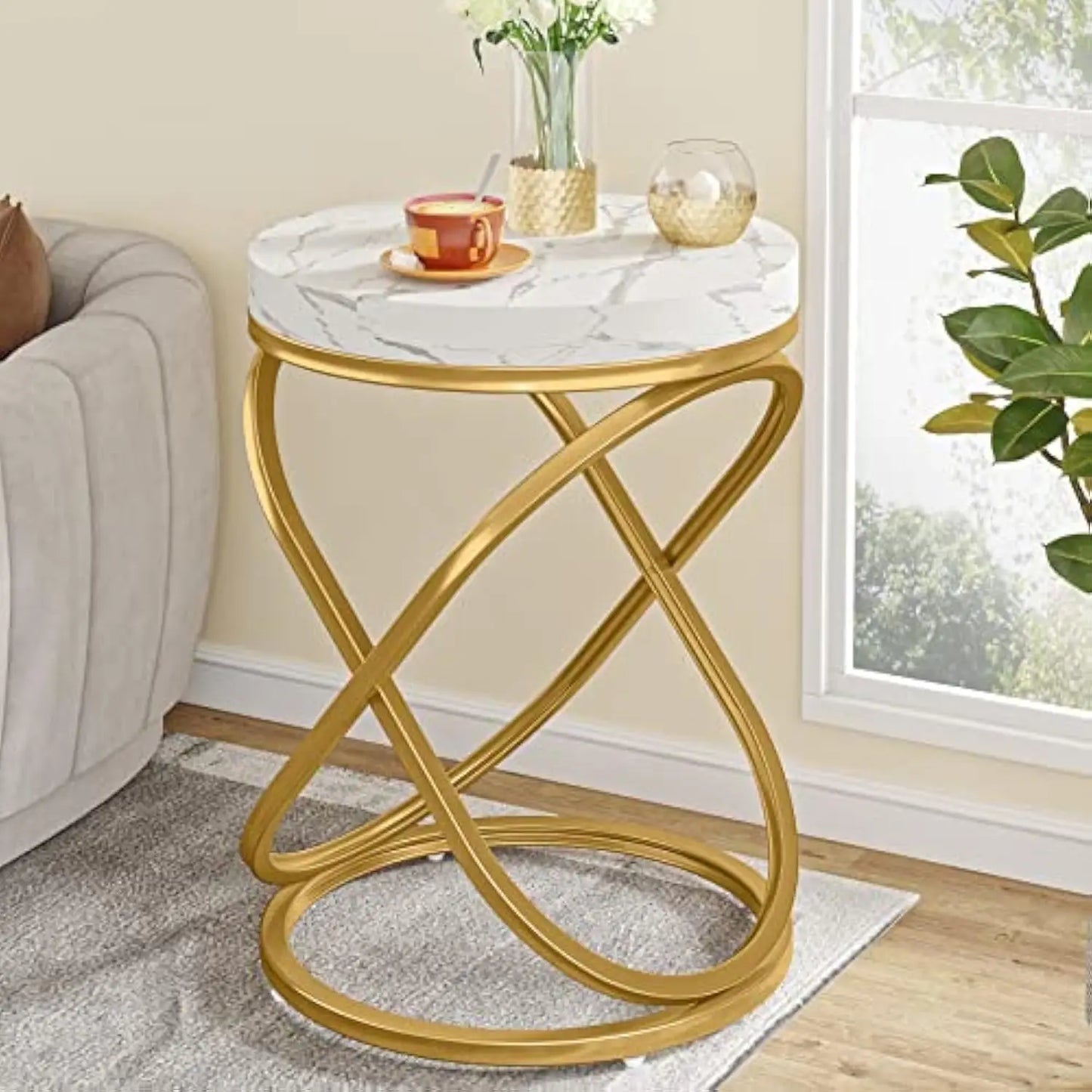 26 Inches White and Gold Faux Marble Top End Tables Living Room, Round Nightstands Sofa Side Table with Double X-Shaped Ring U