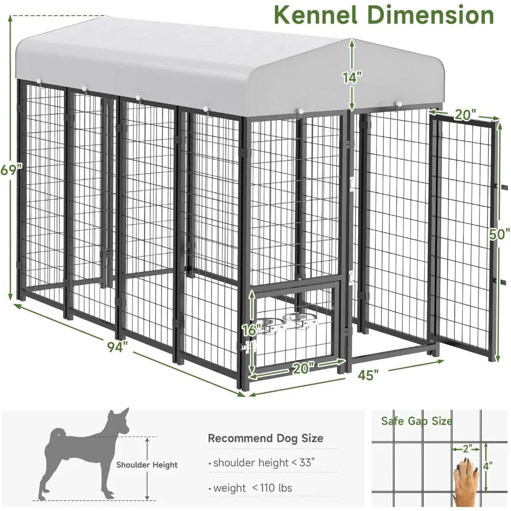 Dog Kennel Pen Outside Outdoor Dog Run with Roof, Swivel Feeders/Removable Doggy Door Allow Connecting Your Dog House- Kennel He
