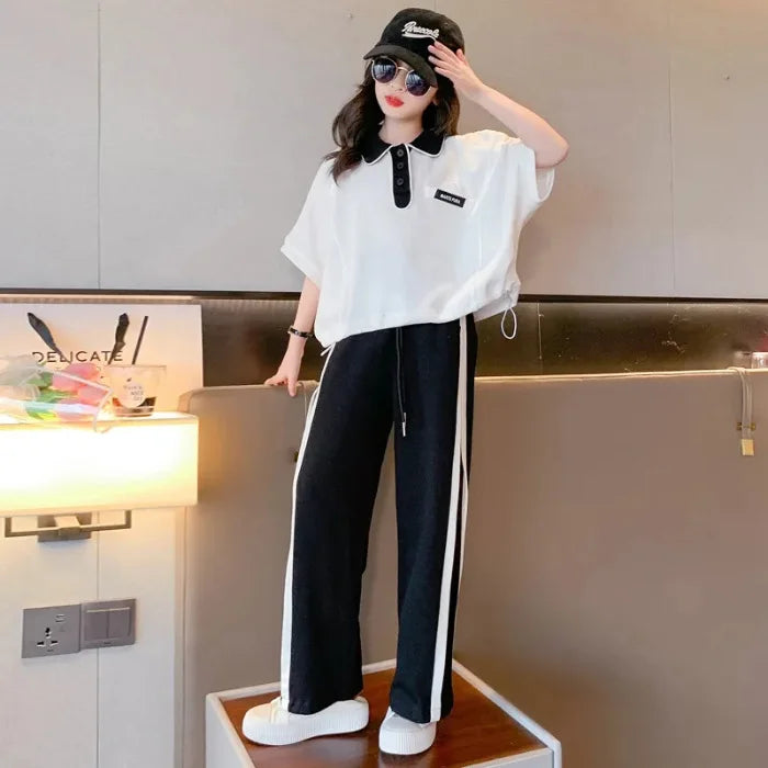 2025 spring summer Girls clothes children set Kids loose t-shirt top and bottom striped wide leg pant 4 8 10 14 15 years teens
