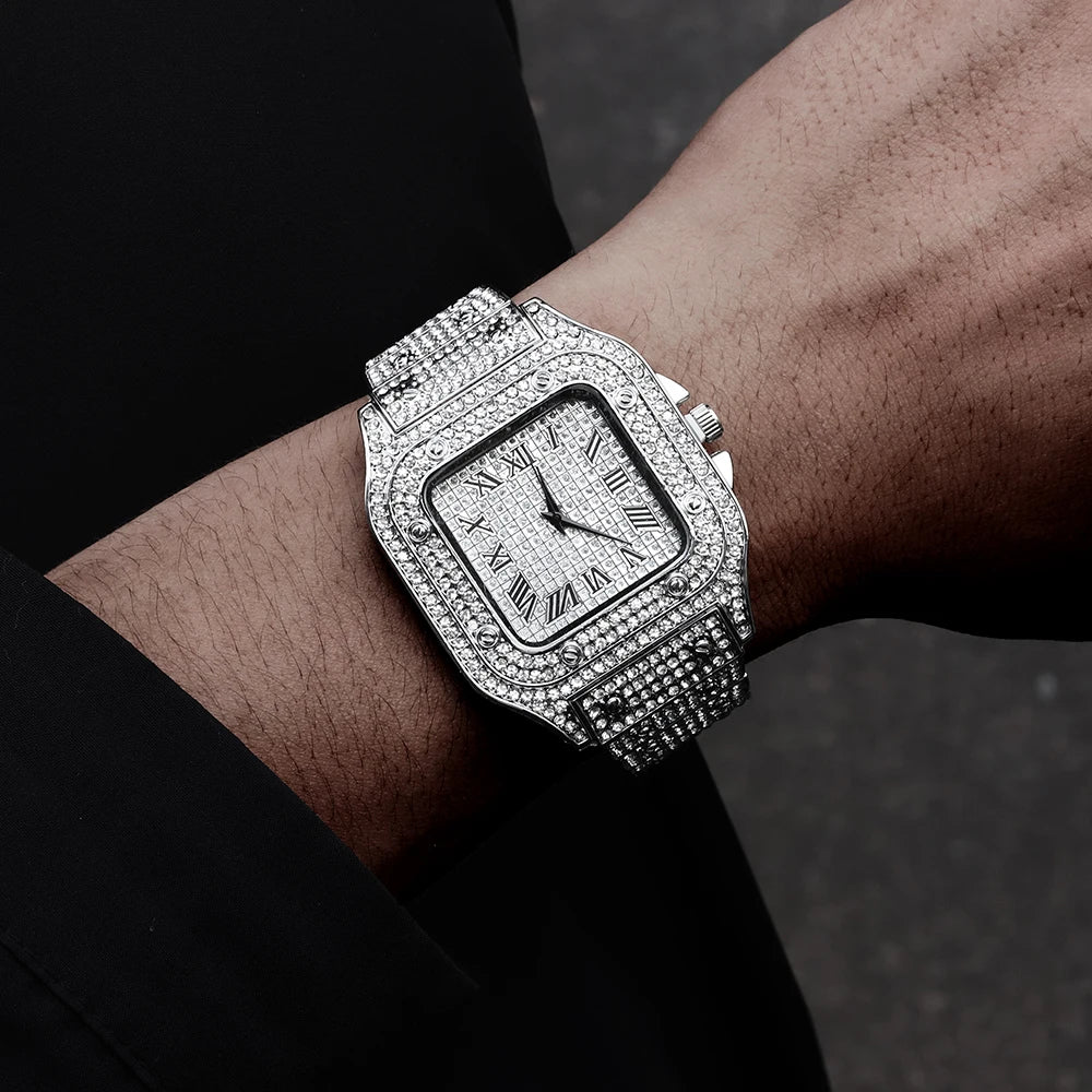 Luxury Moissanite Iced Out Watches Hip Hop Bust Down Unisex Diamond Watch, Stainless Steel Moissanite Studded Wrist Watch