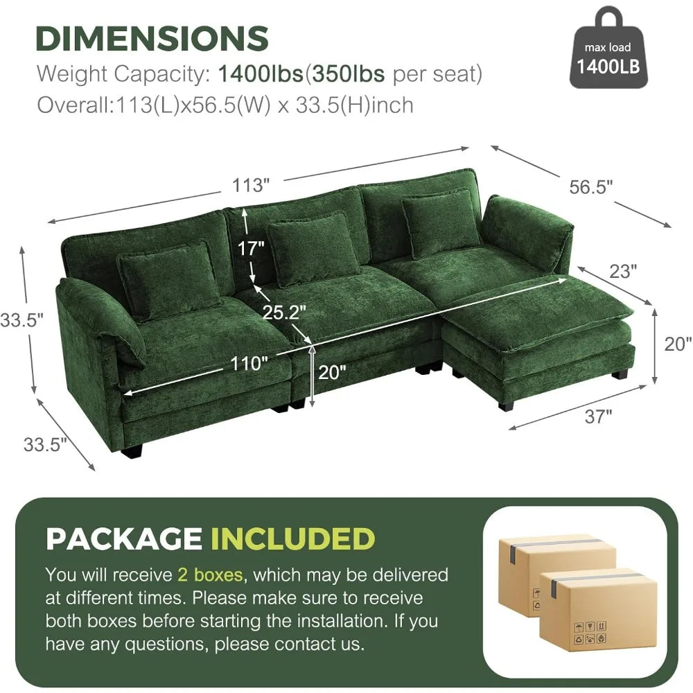 113" Modular Sectional Sofa, Comfy Cloud Couch, L Shaped Deep Seat Sofa Couches for Living Room, 4-Seater Modern Sofa with Mova