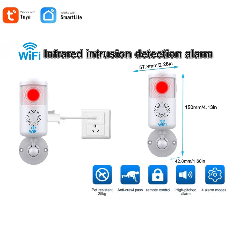 Smart PIR WiFi Motion Sensor Alarm with 110dB Siren & App Alerts, Tuya App for Remote Arm/Disarm,  Home Security System