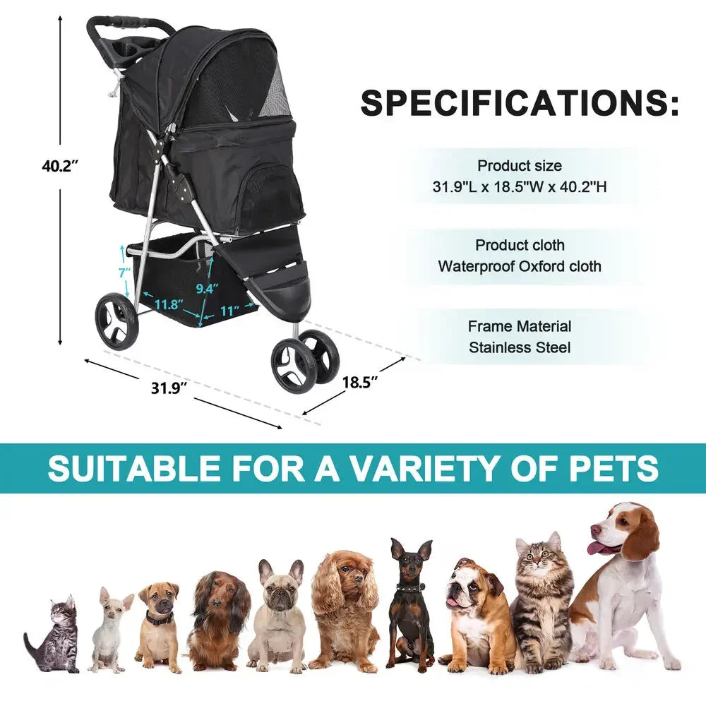 3 Wheels Travel Pet Stroller for Dogs and Cats Easy to Walk Foldable Stroller